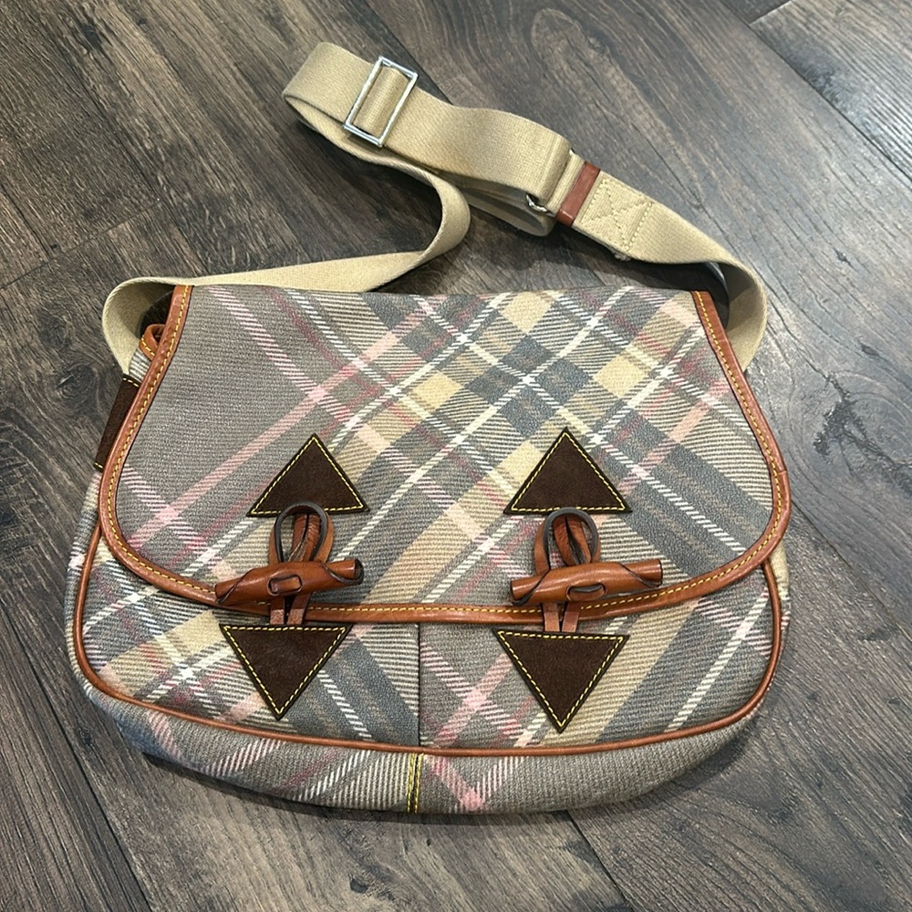 Vintage Dooney & Bourke Plaid Messenger Bag Tan Beige Pink & Grey